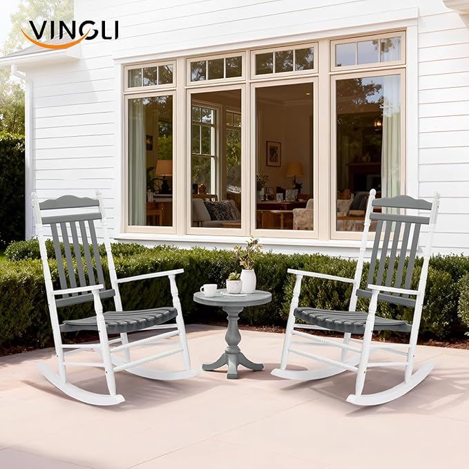 VINGLI Wooden Rocking Chair, Outdoor Chair with 450 lbs Support, Relaxing Rocker with Solid Wood High Back Seat Reclining Seat for Deck, Garden, Backyard, Porch (White & Grey, 2PCS)