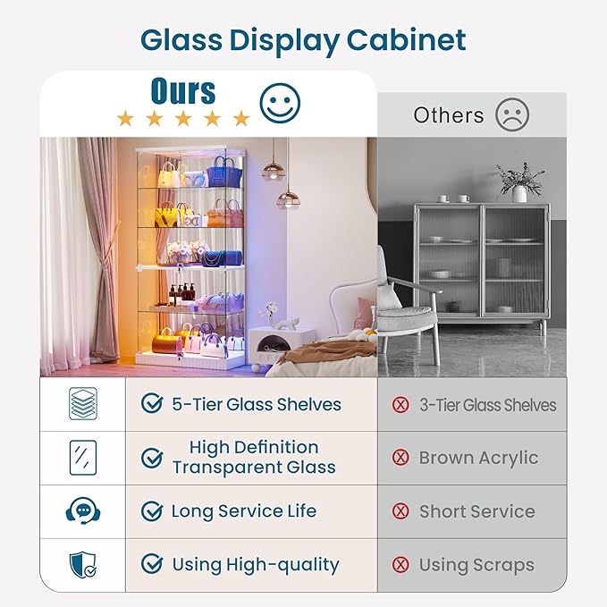 HNEBC 5 Tier Glass Display Cabinet, 66.9" Curio Cabinet
