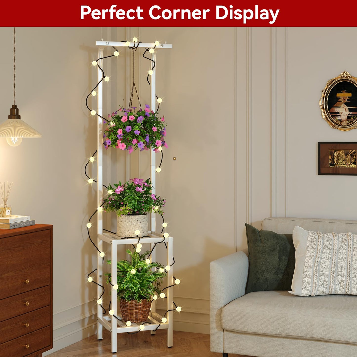 IBUYKE 67 Inch Tall Plant Stand Indoor Outdoor, 3 Tier Metal Hanging Plant Shelf for Multiple Plant, Heavy Duty Plant Holder Flower Stand for Living Room Patio Balcony Garden, White TMJ076W