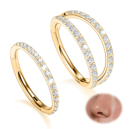 Nose Hoop Gold Double Hoop Septum Ring with CZ Septum Jewelry Surgical Steel Conch Piercing Jewelry Nose Earrings 16g Septum Clicker Lip Rings Helix Earring 12mm Conch Piercing Cartilage Earring