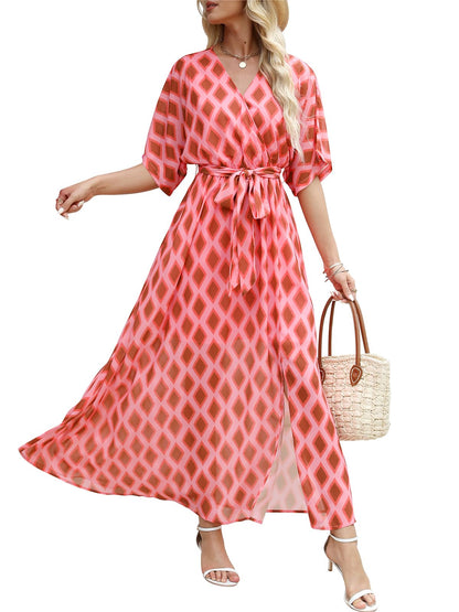 ANRABESS Womens 1/2 Sleeve Beach Wedding Guest Maxi Dresses 2025 Fall Wrap V Neck Boho Floral Flowy Slit Long Summer Dresses