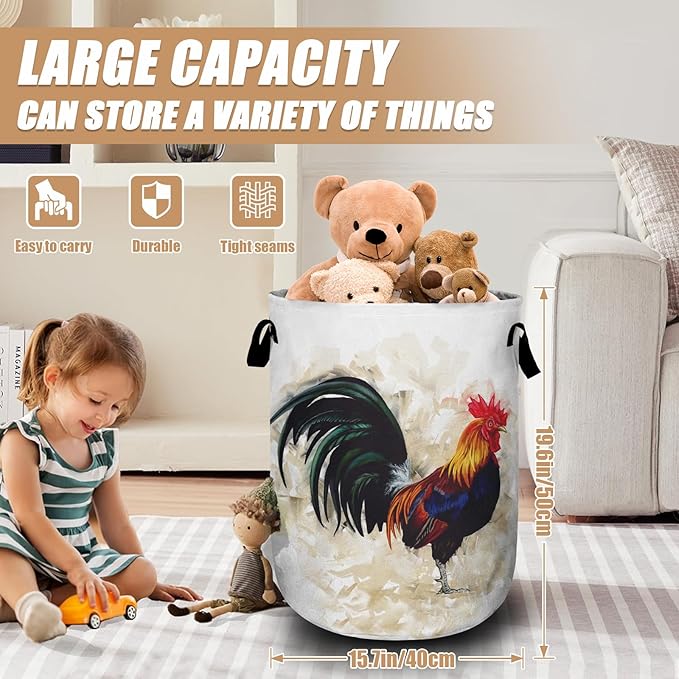 Vintage Rooster Laundry Basket, Farm Chicken Laundry Hamper Tote Bag Dirty