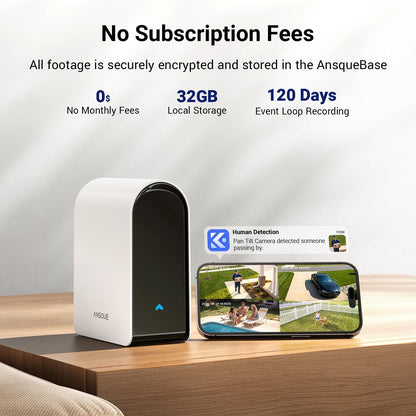 ANSQUE Security Cameras Wireless Outdoor Home System, 6 Camera Kit, No Subscription Fees, Solar Powered, Local Storage, 365-Day Battery Life, 360°PTZ Surveillance, Auto Tracking, 2K Color Night Vision