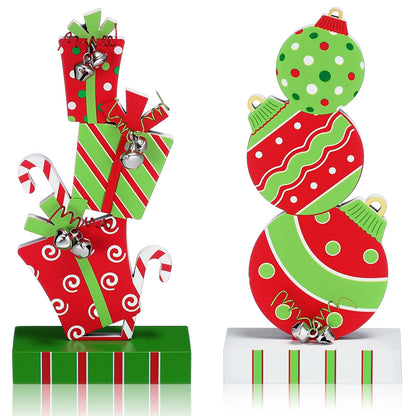 Amyhill 2 Pcs Christmas Table Decorations 5.9 Inch Wooden Xmas Centerpieces Red Green Gifts Box and Ball Ornaments Shape Christmas Signs Tabletop with Bells for Table Shelf Fireplace Holiday