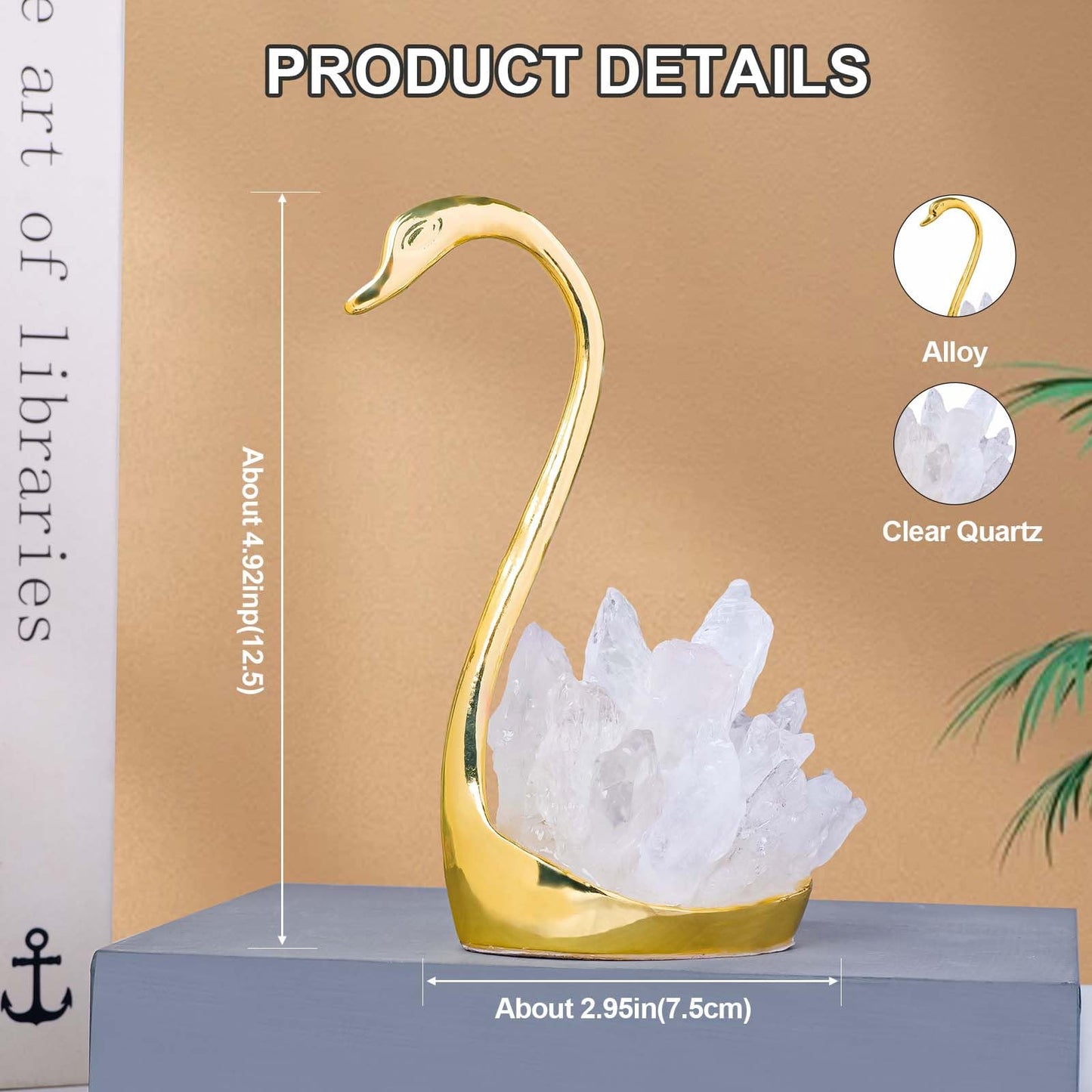 RJINGSHI Crystal Swan Figurine, Natural White, Decorative Ornament for TV Cabinet and Wine Cabinet (Clear Quartz)
