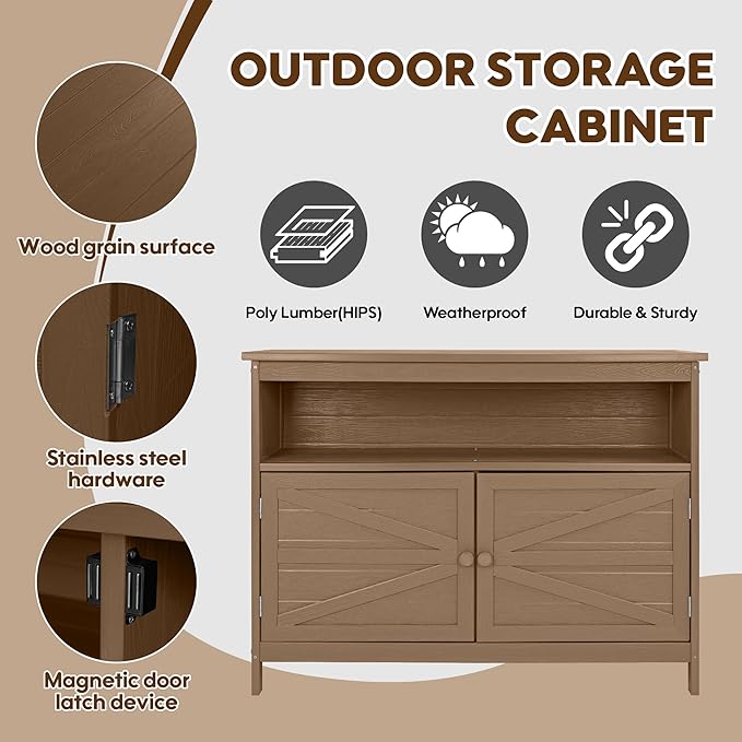 HIPS All-Weather Outdoor Storage Cabinet,Outdoor Sideboard with Magnetic Doors,3-Shelves Patio Storage Cabinet, Used for Garden,Buffet Cabinet,TV Stand, Bar Table,Balcony
