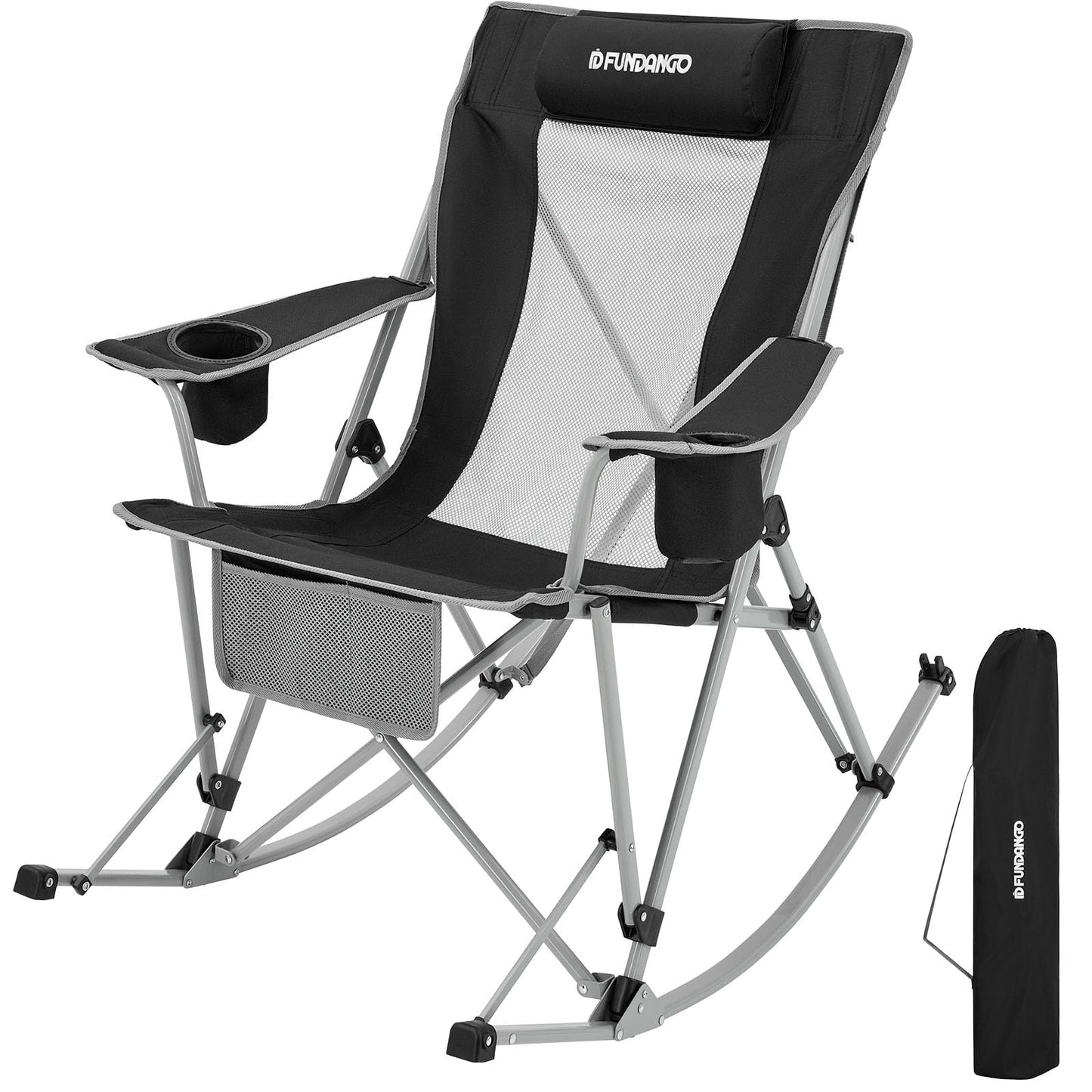 FUNDANGO Rocking Camping Chair, High Mesh Back Portable Folding Camp Chairs with Pillows, Cup Holder and Carry Bag for Lawn Patio Garden Outdoor Supports 300 Lbs (Black/Grey)