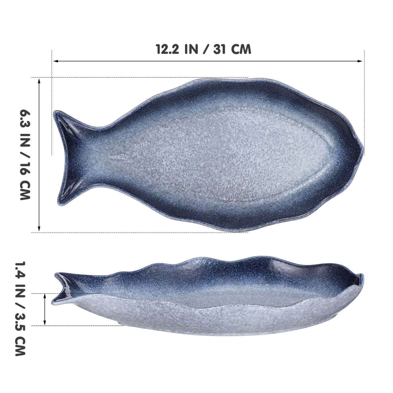 Cabilock 12 Inch Ceramic Fish Shaped Plate, Blue Porcelain Steamed Fish Platter, Deep Seafood Serving Dish for Sushi & Appetizers, Decorative Food Tray for Home Restaurant Kitchen