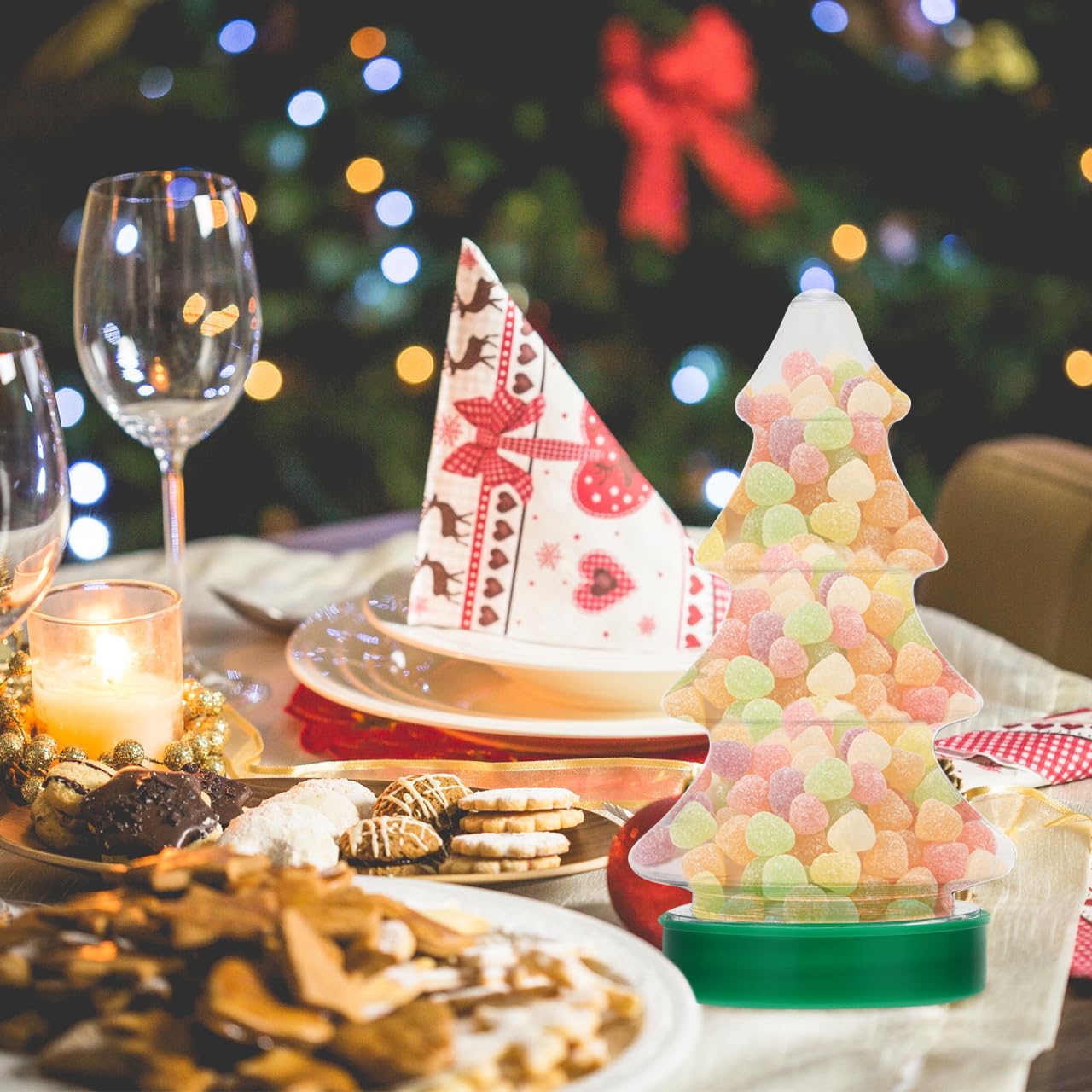 VOSAREA 12pcs Christmas Tree Shaped Candy Bottles Clear Biscuits Jars with Lids - Christmas Candy Jars & Tree Shaped Ornaments Festival Storage Containers