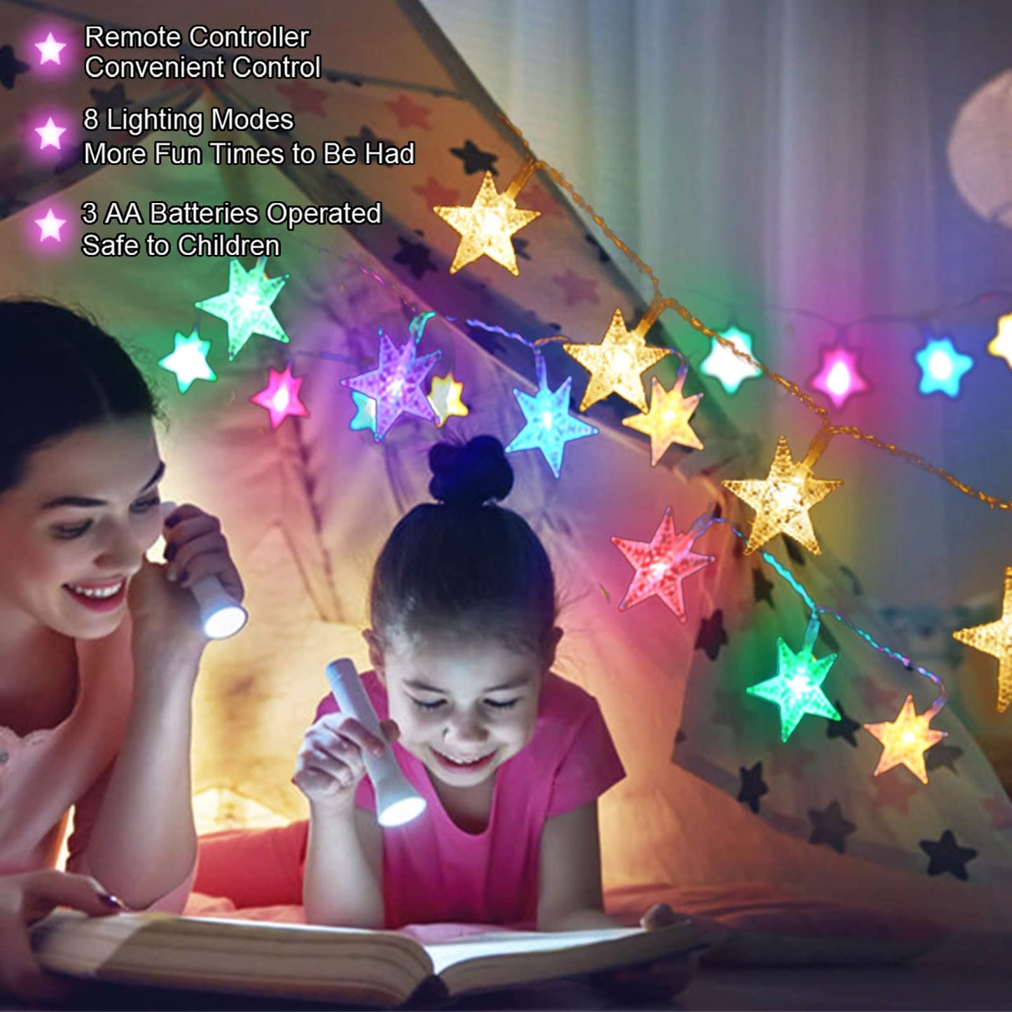 LAMPDREAM Abkshine 25Ft 50LEDs Battery Powered Star Fairy Lights, 8 Modes Warm White Color Changing LED Star String Lights for Wedding, Christmas, Birthday, Halloween, Mother Day