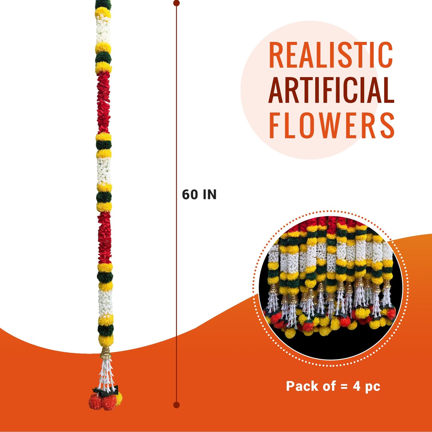 DIYANA IMPEX 4 Pc Artificial Marigold Garland with Bells, 5 Ft Long Hanging Flower Strings for Diwali Decorations, Indian Wedding, Party, Home Decor, Ganpati Hanging Decor & Mantle Decor (Red)