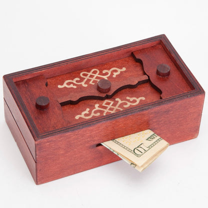 Bits and Pieces Secret Money Puzzle Box - Camouflage Your Cash Money Holder - Wooden Brain Teaser - Wooden Secret Hidden Compartment (Greek Puzzle Box)