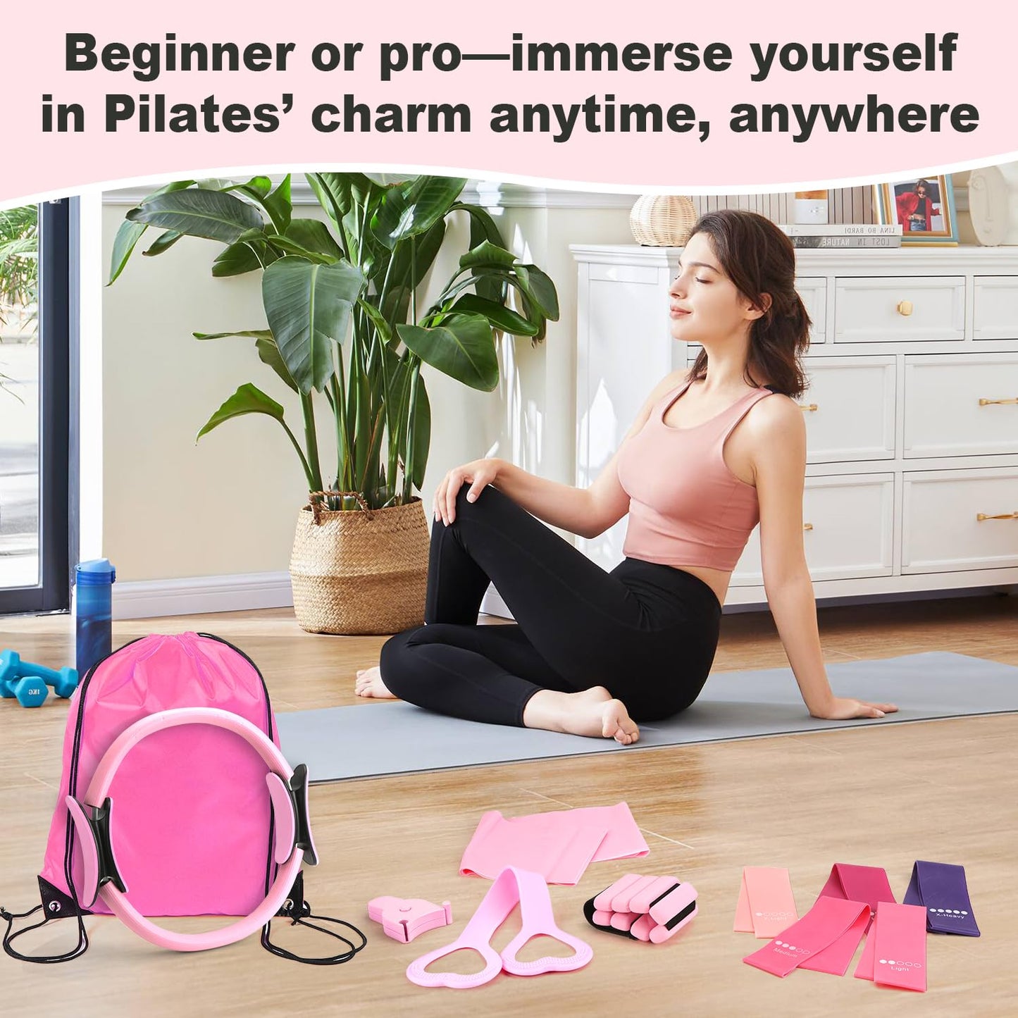 SHTALHST Home Pilates Kit 14 PCS, Pilates Ring and Ball Set with Adjustable Ankle Wrist Weights and Resistance Bands for Women Workout Set, Yoga Essentials Kit Equipment Accessories for Home Workouts