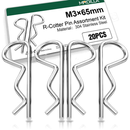 20Pcs Cotter Pins R Clips, Stainless Steel Hitch Pin Clips for Trailer, Tractor, and Automotive Repair, M3x65mm