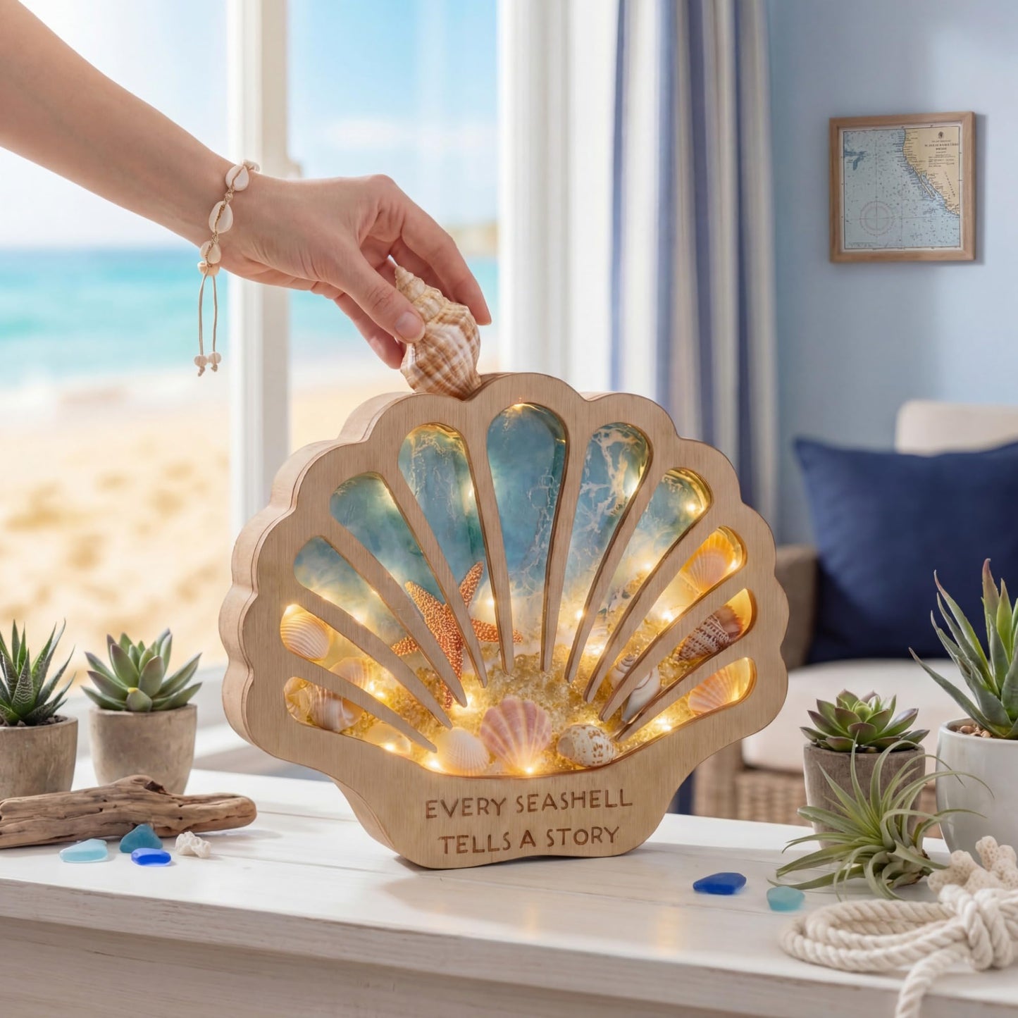 FoldTier Seashell Display Case Wooden Sea Shell Holder with Lights and Window for Sea Glass, Starfish, Shark Tooth Collection Shadow Box Beach Home Decor Birthday Graduation Ocean Themed Gift