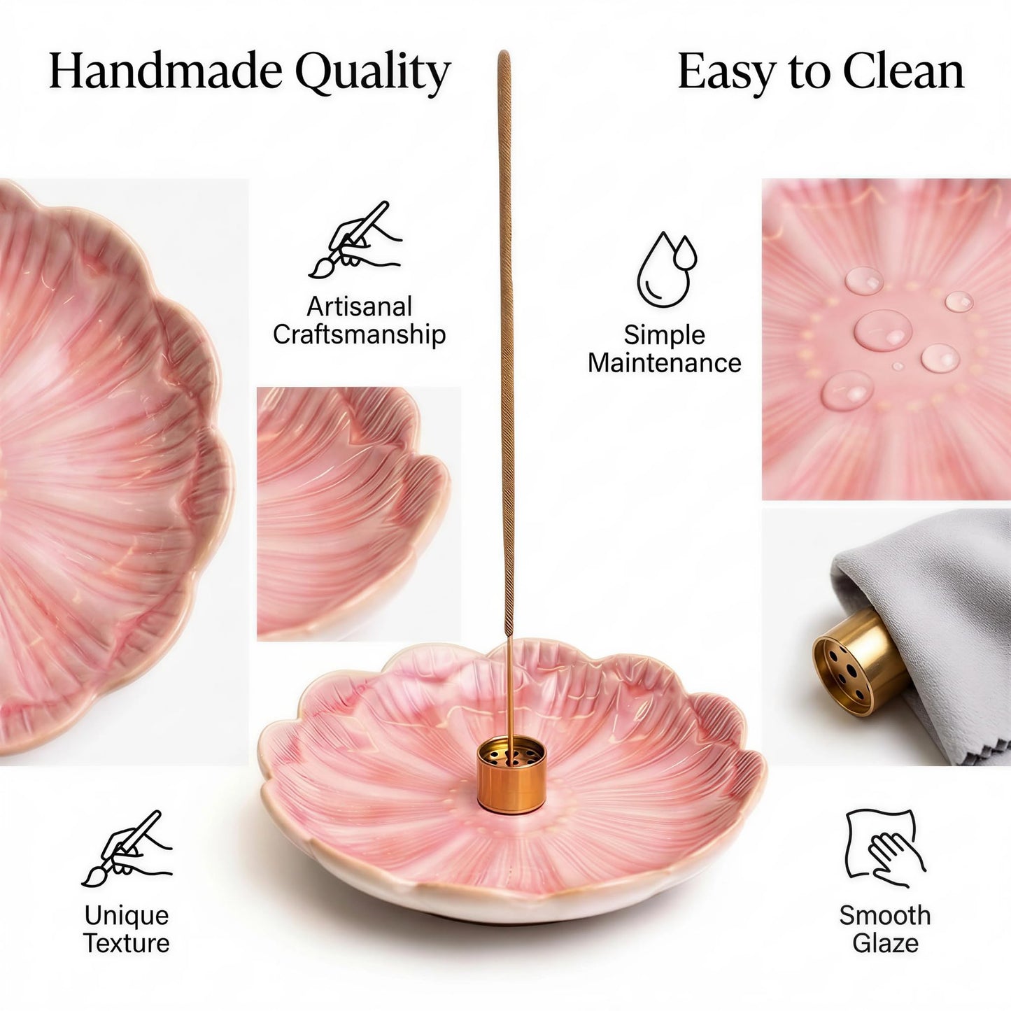 Pinehaven Pink Lotus Incense Holder – 5.5 Inch Hand-Sculpted Ceramic Tray with Ash Catcher, Brass 9-Hole Insert – for Incense Sticks, Cones, Palo Santo & Sage – Japanese Zen Home Décor for Meditation