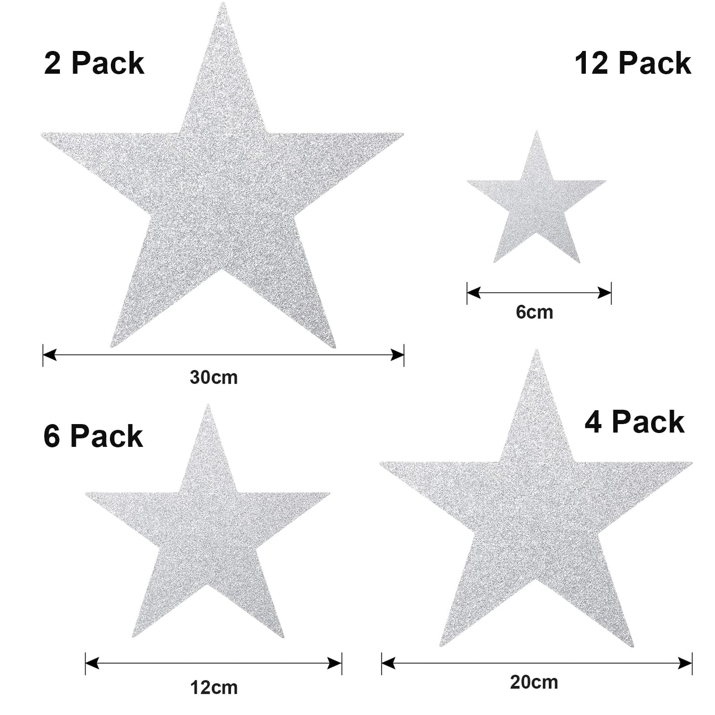 Boao 48 Pieces Silver Stars Shaped Cutouts Silver Cardboard Stars 4 Sizes 6cm/12cm/20cm/30cm Hanging Glitter Garlands with Nylon String for Wedding Birthday Party Graduation Classroom Wall Decor