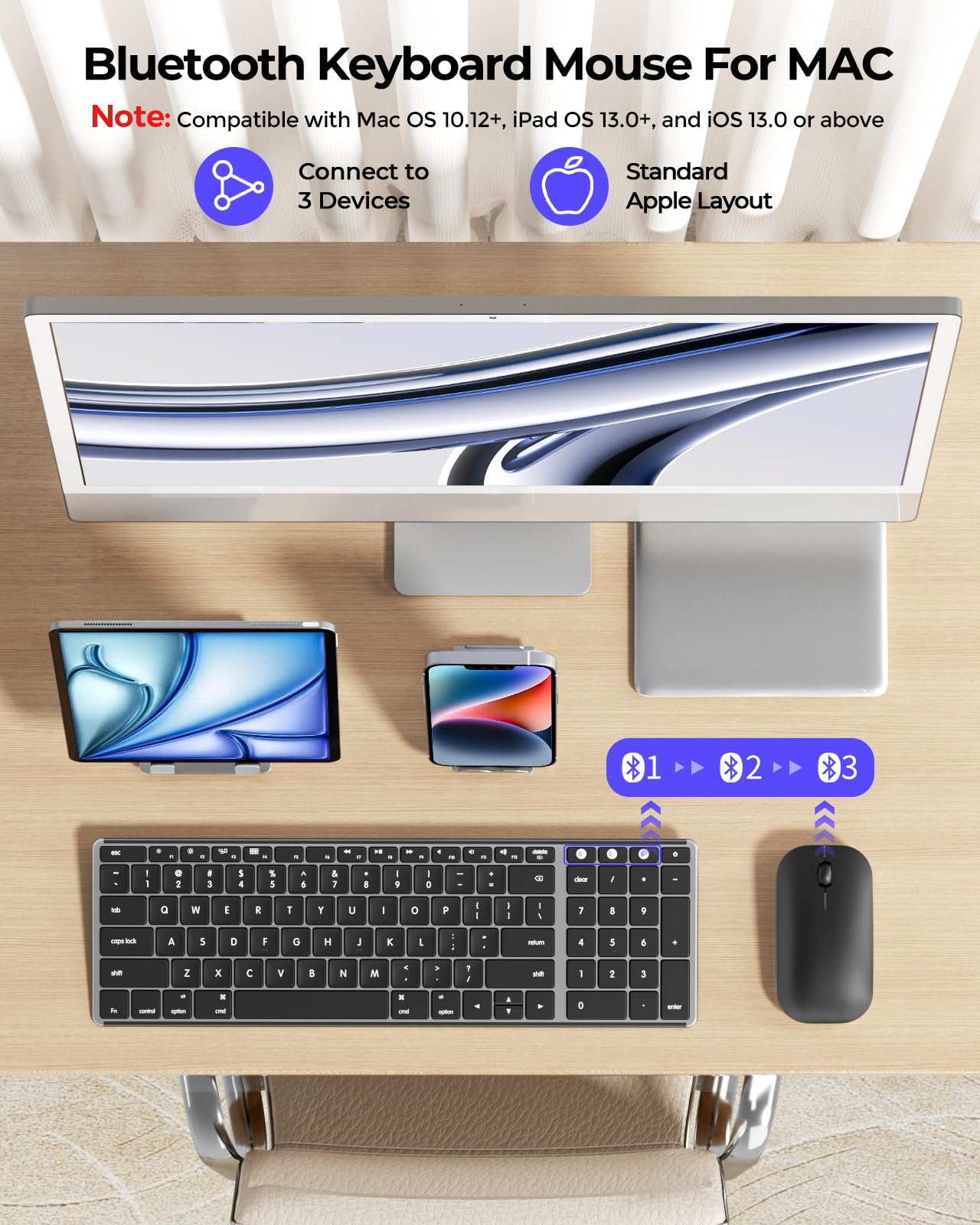 seenda Bluetooth Keyboard and Mouse for Mac, SKM64-2 Multi-Device Rechargeable Slim Wireless Keyboard Mouse Stainless Steel Full Size, Compatible with MacBook Pro/Air, iPad, Mac - Space Gray