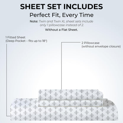 Mayil Manor Queen Size Fitted Sheet with 18" Deep Pockets, No Flat - Percale Weave Natural - Breathable 100% Cotton Printed Bedding, 1 Fitted Sheet + 2 Pillowcases - Grey Ida Print