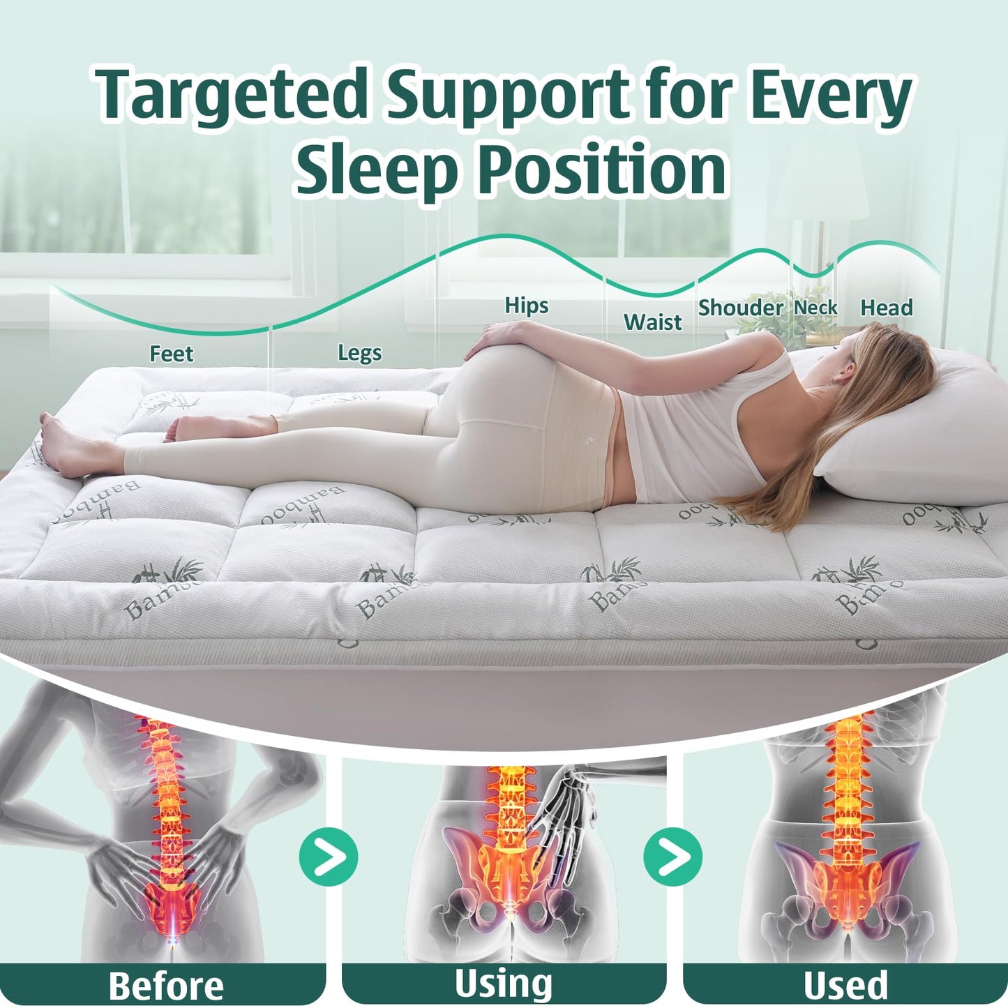 DOWNCOOL Memory Foam Mattress Topper King, Pillow Top Mattress Pad for Back Pain Relief, Viscose Derived from Bamboo, Deep Pocket Fits 8–21 Inch