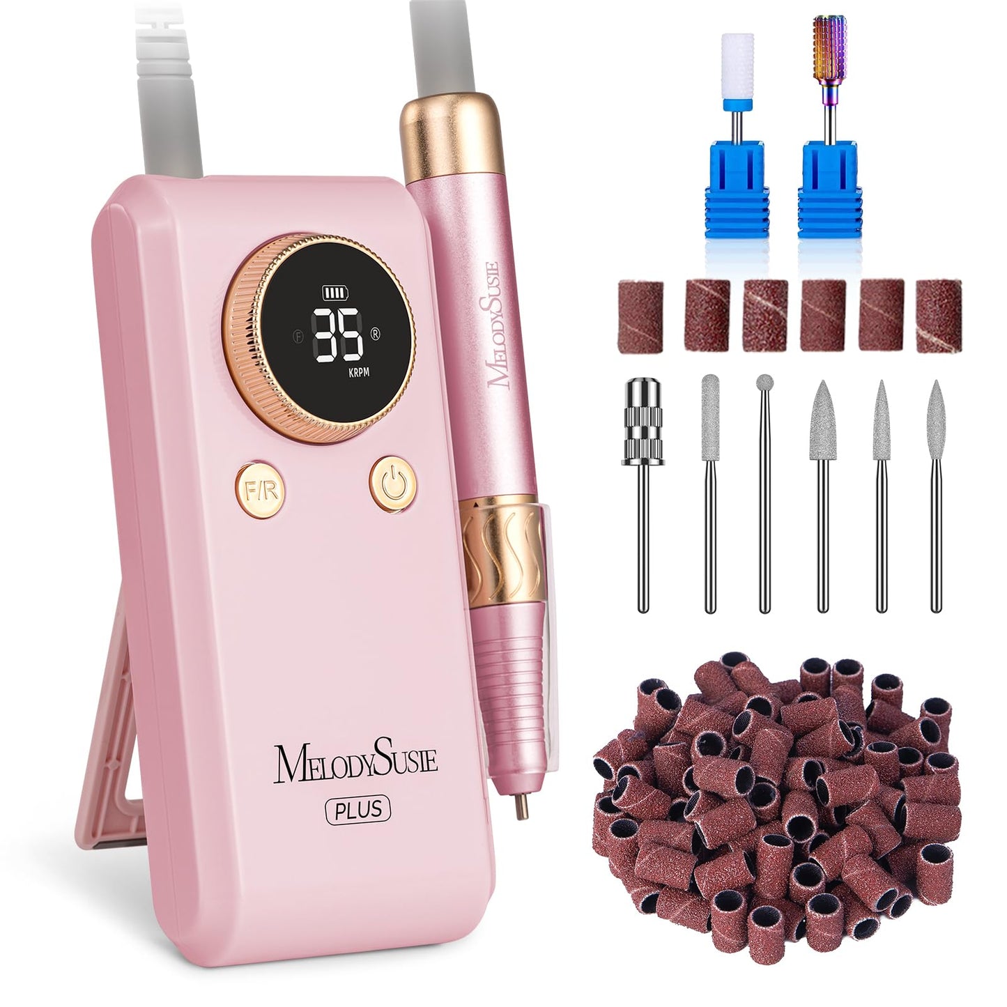 MelodySusie 2 in 1 Professional Nail Drill, 30000 RPM SC330G Electric Nail File with Kickstand for Gel Nails Polishing Removing, Portable Cordless Nail Efile for Manicure Pedicure at Home & Salon,Gold