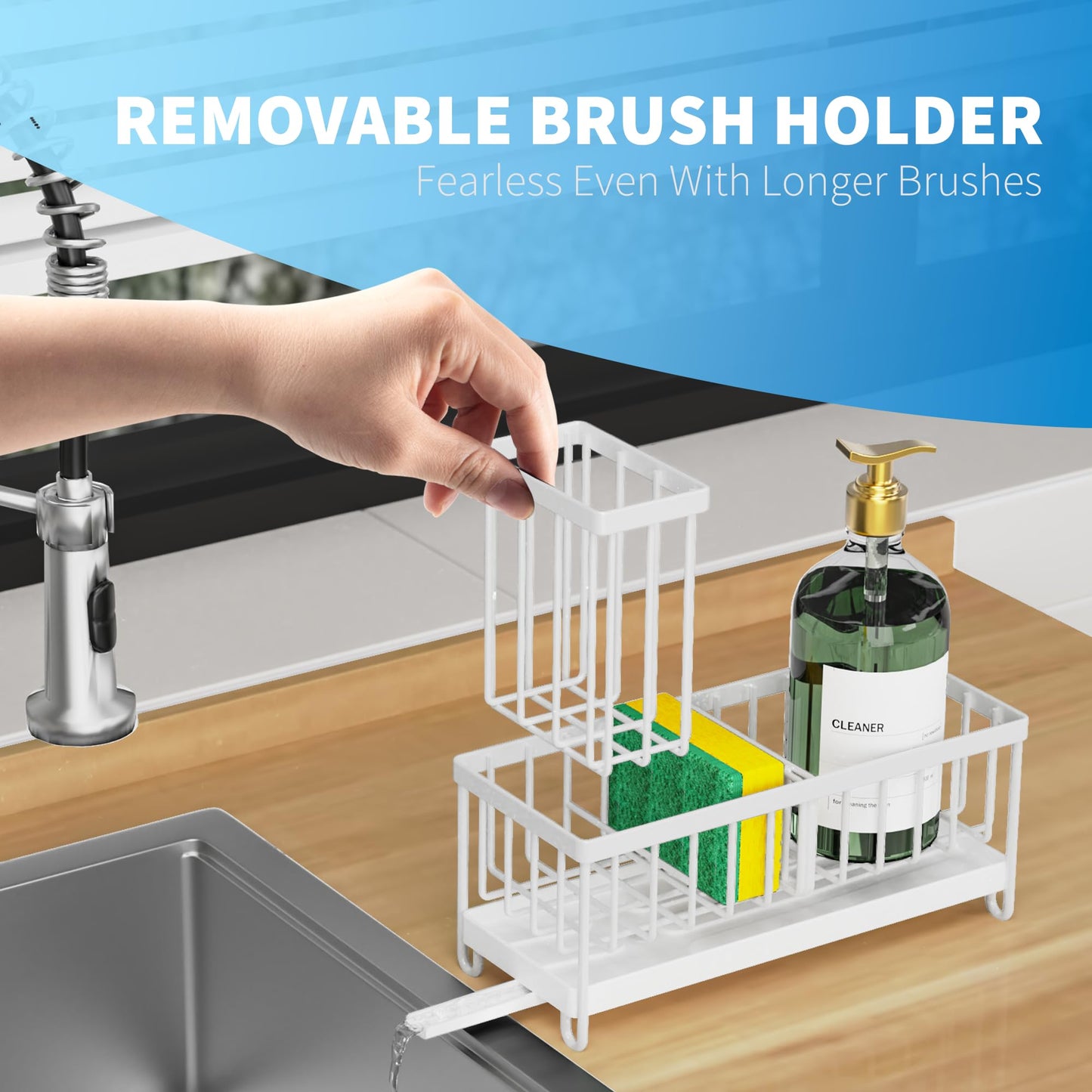 Cisily Black Sponge Holder for Kitchen Sink, Sink Caddy Organizer with High Brush Holder, Kitchen Countertop Organizers and Storage Essentials, Rustproof 304 Stainless Steel, Soap Dispenser Organize