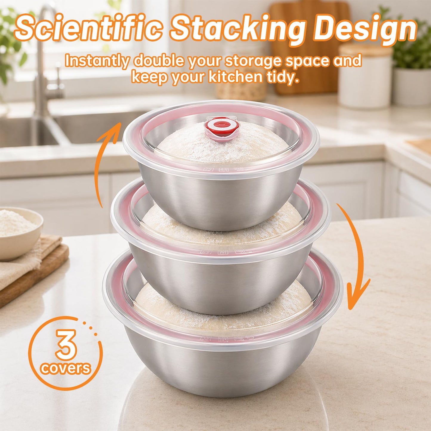 NOELNEXUS 3 PCS Pizza Dough Proofing Container Set, 27oz/40oz/60oz 304 Stackable Stainless Steel Proofing Box with Clear Lid, Includes Dough Scraper, Ideal for Bulk Fermentation of Sourdough & Bread