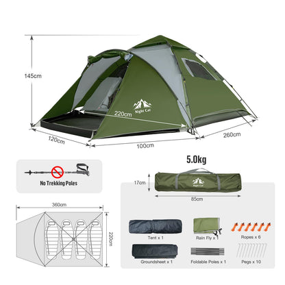 Night Cat Pop Up Tent 2-3 Persons Instant Set Up Tent with Footprint Tarp & Porch, Automatic Double Layer Waterproof Camping Tent with Rainfly Trekking Pole Not Included