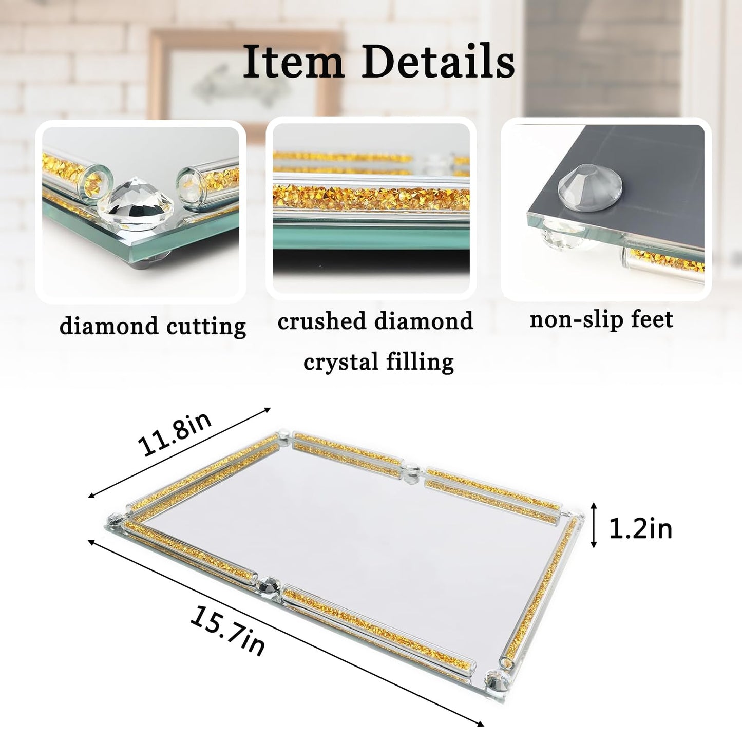Large Gold and Glass Tray, 15.7" x 11.8" Crushed Diamond Mirror Perfume Makeup Display Tray, Noble Jewelry Trinket Cosmetics Crystal Makeup Organizer for Home Decor,Banquet Party (Golden)