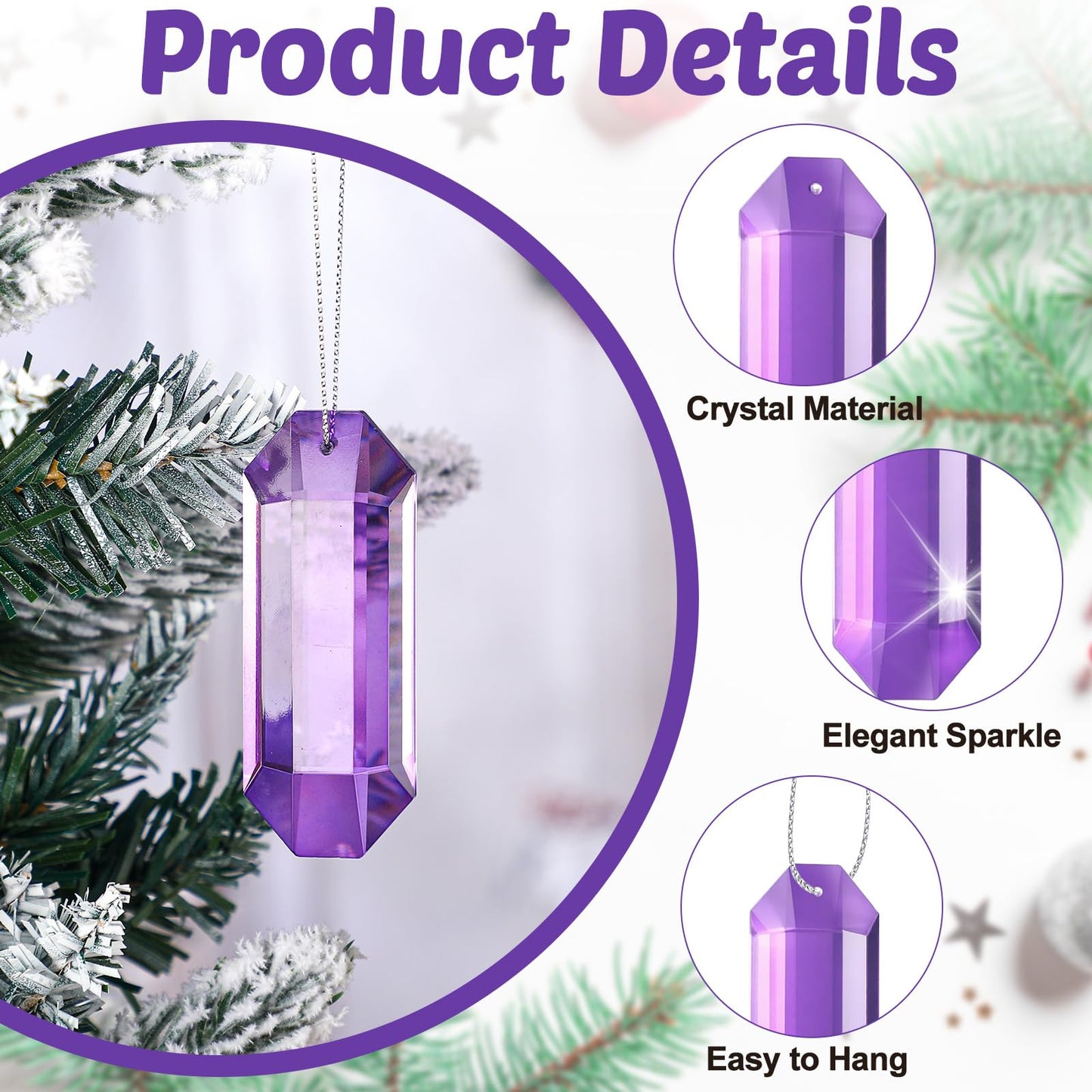 Simgoing 8 Pack Jewel Ornaments 1.2" - 3.5" Crystal Jewel Hanging Decorations for Christmas Tree Glitter Gemstone Ornaments Rectangle Square Oval Rhombus for Home Wedding & Holiday Party Decor(Purple)