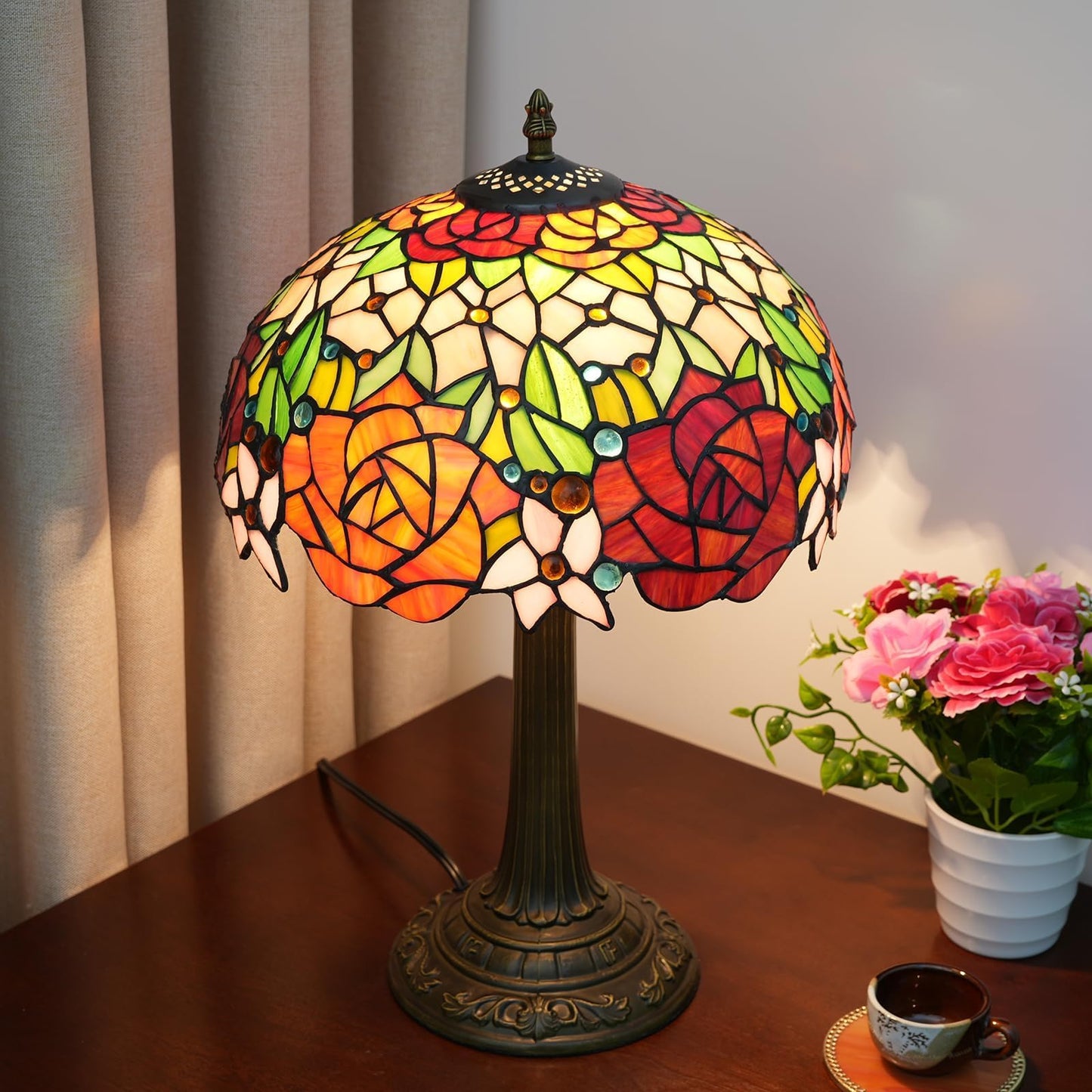 wecrejoni Tiffany Lamp Rose Flower Stained Glass Table Lamp 12X12X18 Inches Rose Style Desk Reading Light Decor Bedside Bedroom Living Room Home Festival Birthday Valentine's Day Christmas Gift