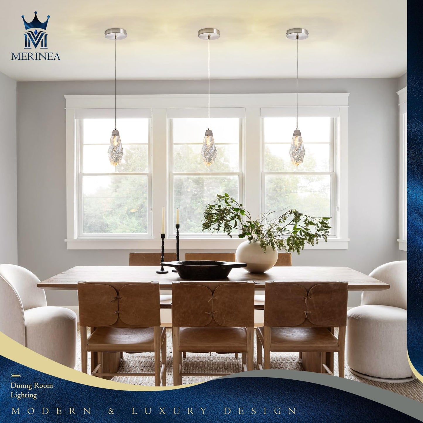 MERINEA Brushed Nickel Crystal Pendant Light with Prism K9 Crystals, Modern LED Kitchen Island Hanging Light Fixture Adjustable Single Pendant Chandelier for Dining Room, Bedroom, Bathroom, Bar