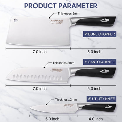Topfeel Butcher Knife Meat Cleaver Set 3Pcs-7" Heavy Duty Bone Chopper& 7" Santoku Knife& 5" Utility Knife, German Stainless Steel Chef Knives Set for Kitchen Home Gift