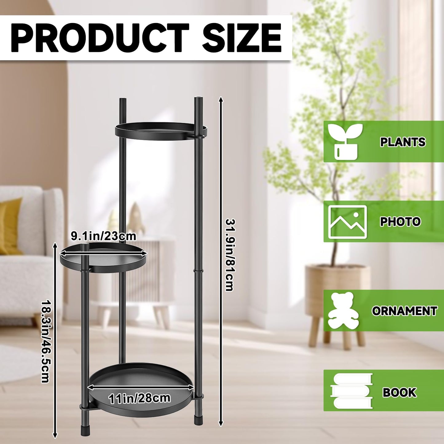 MeyRolizn 3-Tier Metal Plant Stand for Indoor & Outdoor, Heavy Duty Corner Flower Shelf Display Rack for Living Room Balcony Patio Garden Bedroom Classroom Black (Black-B)