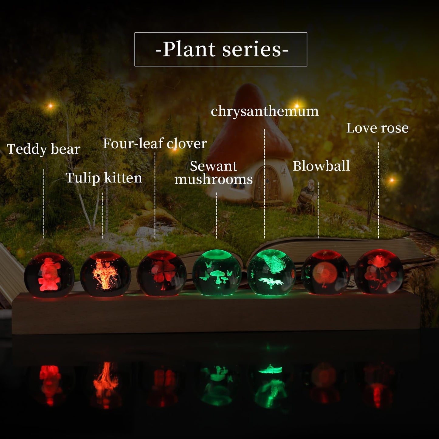 Dokscdlo 7 Pcs Flower Crystal Ball Night Light with LED Wooden Base, 3D Dandelion, Four-Leaf Clover, Mushroom, Rose, Tulip Plant Lamp for Home Office Gifts for Christmas Decor