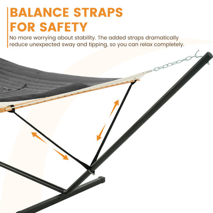 Lazy Daze Hammocks 2 Person Portable Hammock with 12FT Stand, Double Hand Woven Cotton Rope Hammock with Detachable Quilted Pad & Pillow for Outside, 450lb Capacity, Grey