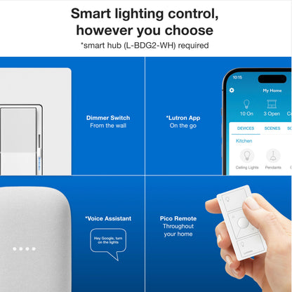 Lutron Diva Smart Dimmer Switch Kit for Caseta Lighting w/ Hub, Pico Remote & Pedestal, Smart Dimmer Works with Apple Home, Ring, Google Home, 3 Way, DVRF-BDG-1DP-A
