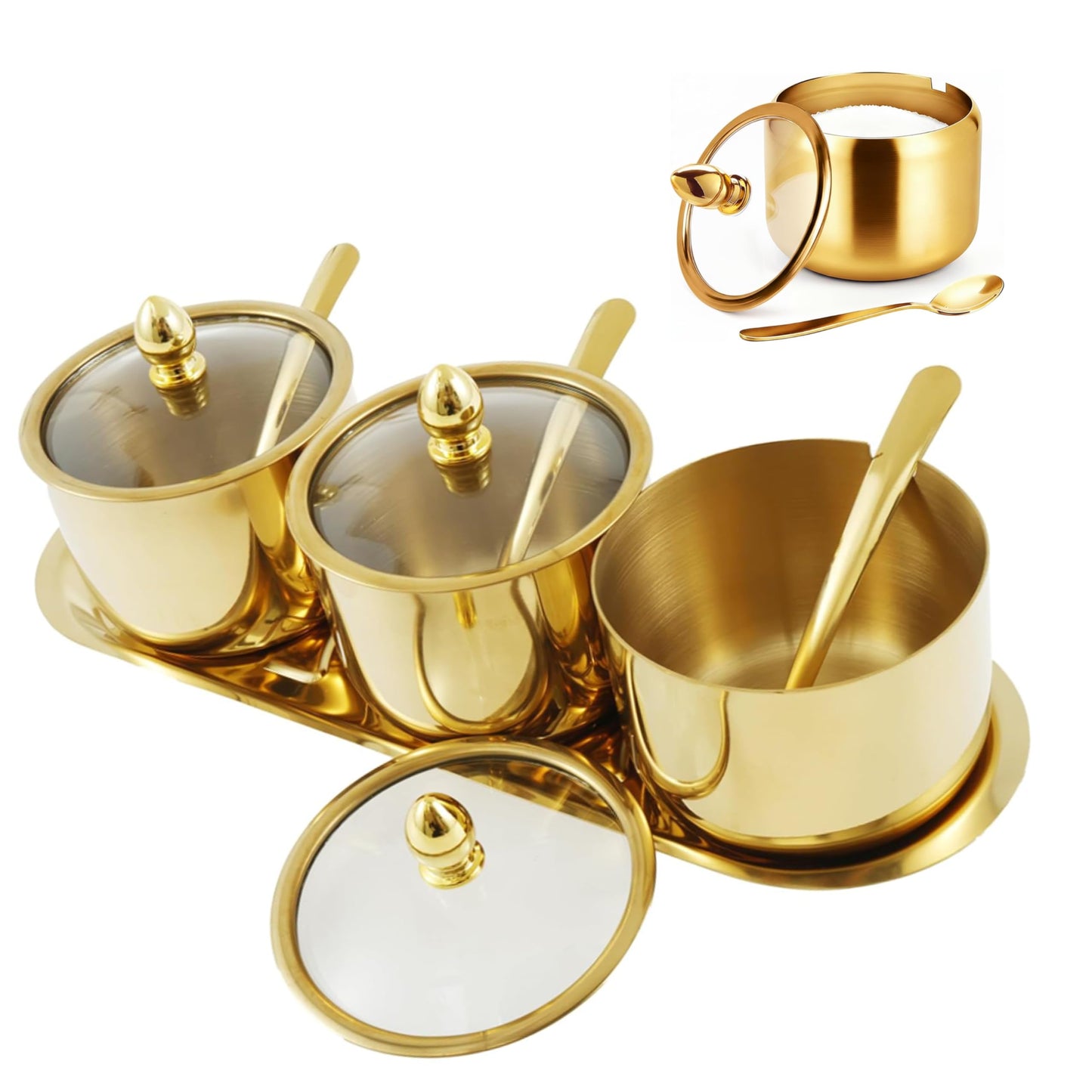 HMDIUM Sugar Bowl Set - 3 Grid Condiment Jars with Glass Lids & Spoon Stainless Steel Canisters with Tray for Sugar, Spice, Salt - Stylish Kitchen Storage Containers