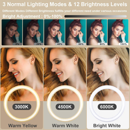 Herrfilk 13" Ring Light with Tripod Stand & Phone Holder, LED Ring Light for Phone with 3 Light Color Temperatures, 12 Brightnesses, 48 RGB Light Modes, Ringlight for Selfie, YouTube, Tik Tok