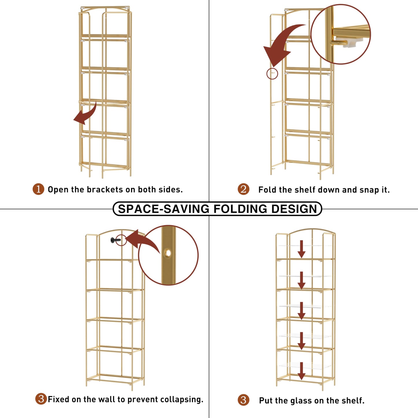Crofy 5-Tier Foldable Bookshelf, Gold Frame & Transparent Shelves
