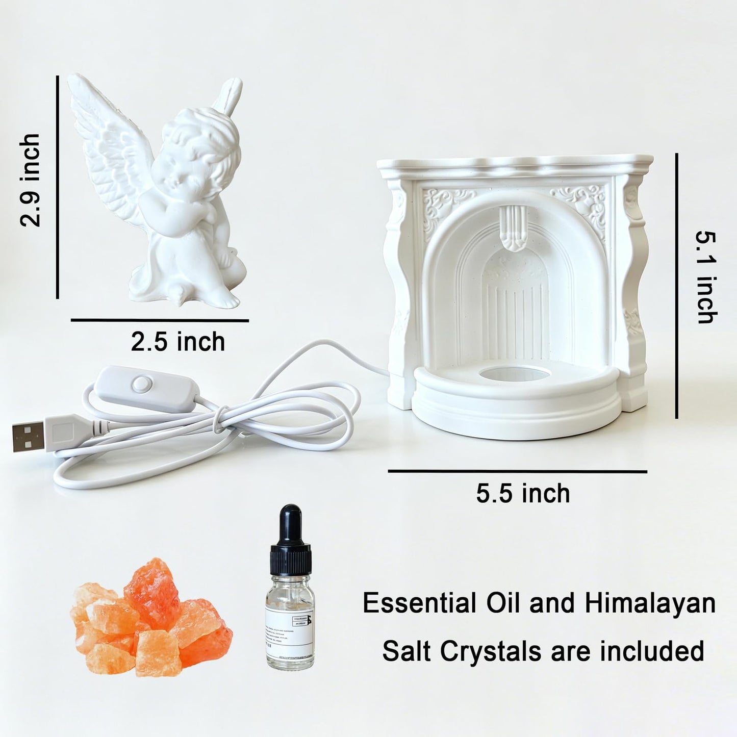Angel Aroma Diffuser Set with Himalayan Salt & Fireplace Light, Passive Essential Oil Diffuser with White Tea Oil, Home Fragrance Decor for Bedroom, Bathroom, Office, Gift for Women