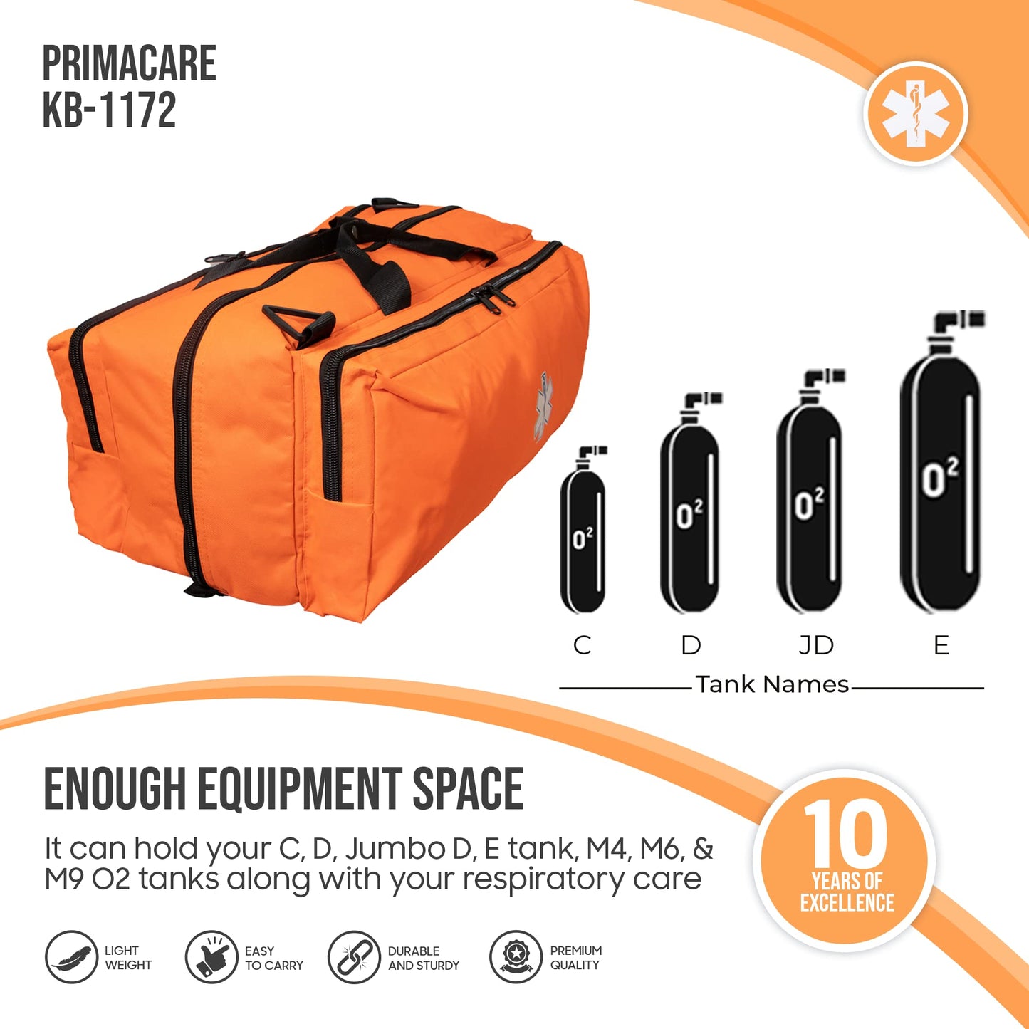 Primacare Case of 10 Oxygen O2 Gear Bags, 32x12x13 inches with Multiple Compartments Waterproof Bottom and Heavy-Duty Zippers, Orange, CSKB-1172
