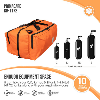 Primacare Case of 10 Oxygen O2 Gear Bags, 32x12x13 inches with Multiple Compartments Waterproof Bottom and Heavy-Duty Zippers, Orange, CSKB-1172