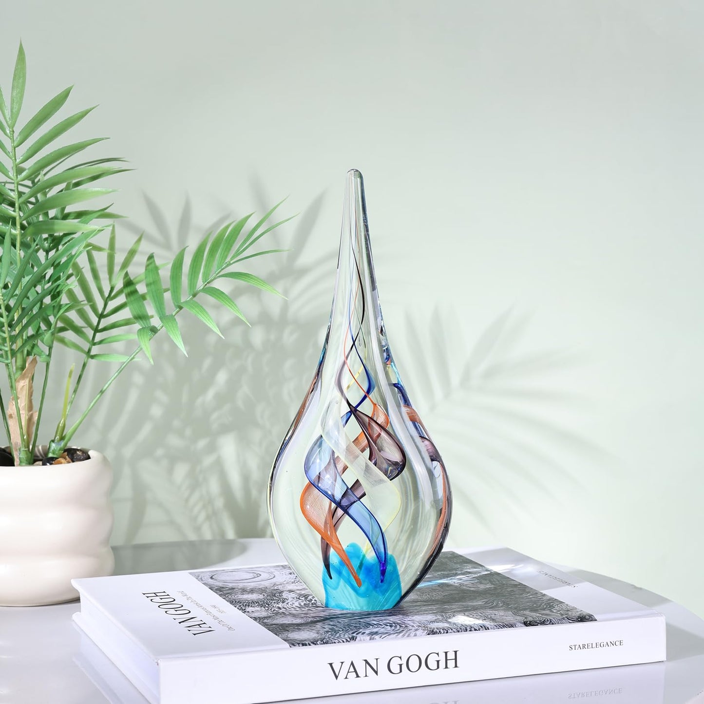 GrivSheen Hand Blown Glass Sculpture, Murano Style Decor, Clear Glass Art Collection Figurines, Teardrop Decorative Statue for Office Shelf, Unique Teardrop Sculpture Paperweight, Beach Room Decor
