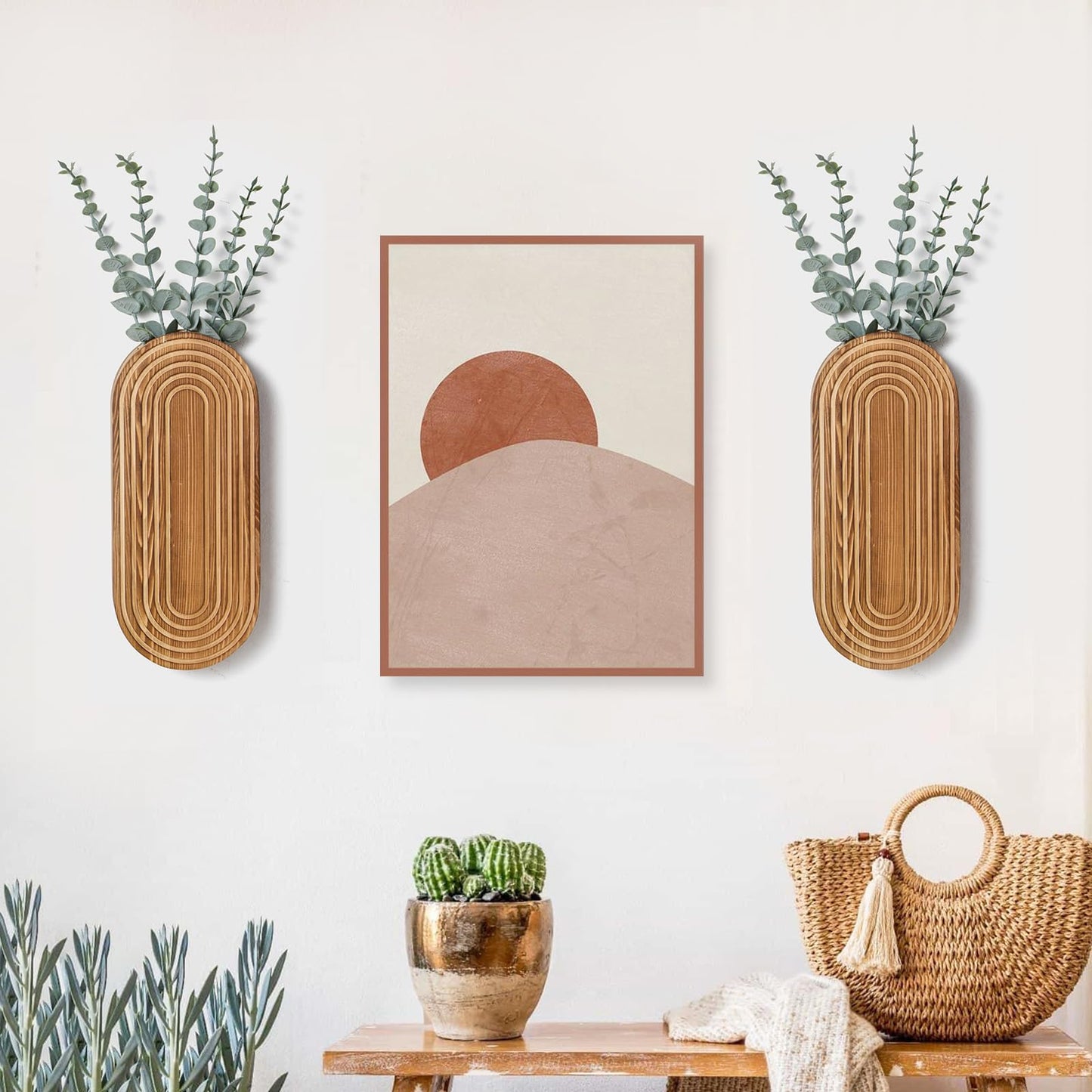 Mokof 2 Pack Carved Wood Wall Planters with Fake Eucalyptus Stems for Wall Decor - Boho Wooden Wall Art for Living Room, Bedroom, Bathroom (Brown)