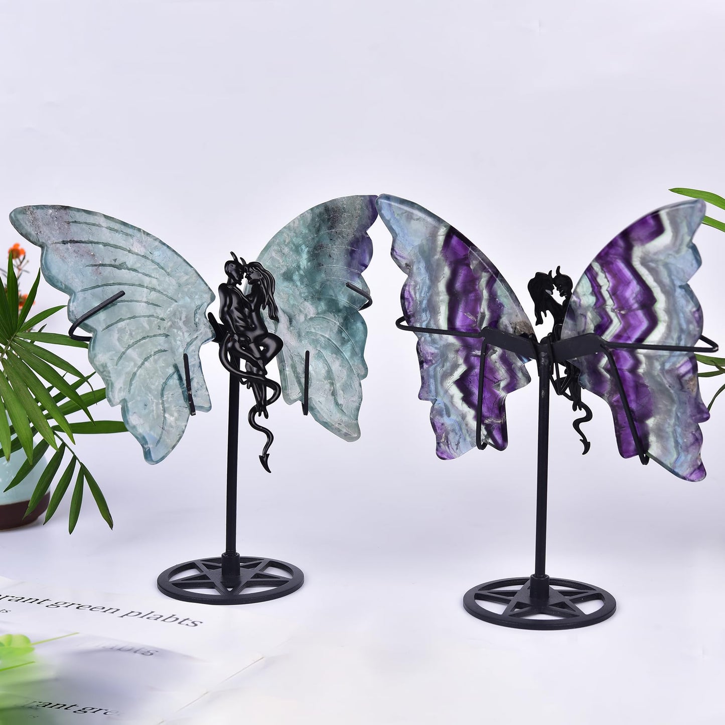 JIC Gem Large Amazing Gemstone Feather Fluorite Crystal Butterfly Art Decorative Healing Crystal Slices Carved Angel Wings with Stand Office Home Decor Reiki Crystal Gifts (1pair, 17-18cm)