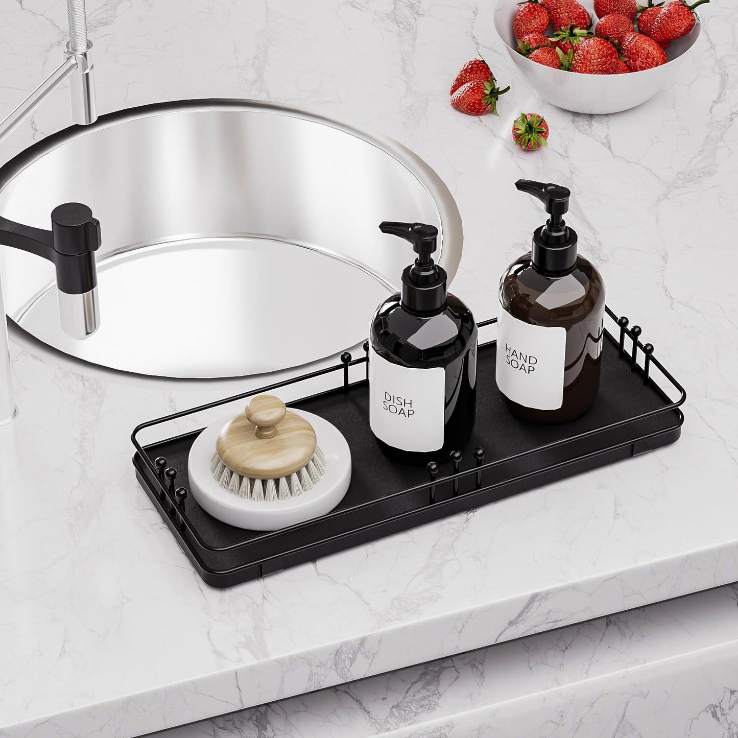Pursura Bathroom Vanity Tray for Countertop Toiletries Perfume Makeup Soap Dispenser Toilet Tank, Kitchen Tray for Salt Spice, Black Decor Tray for Candle Nightstand Coffee 11.3”x 4.4”