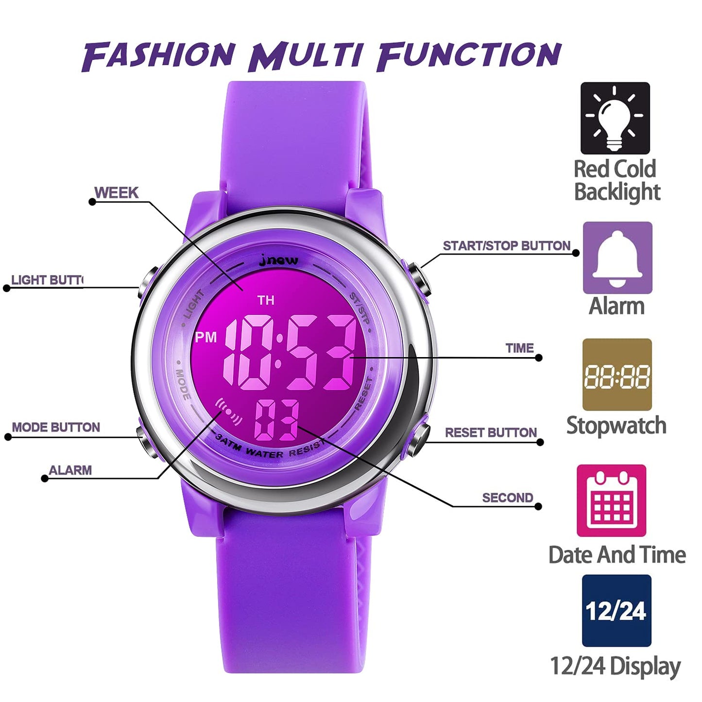boys and Girls Digital Watch - Kids Sports Waterproof Electrical Outdoor Stopwatch Alarm 7 Color LED Luminescent Watches for Youth Girl - Purple