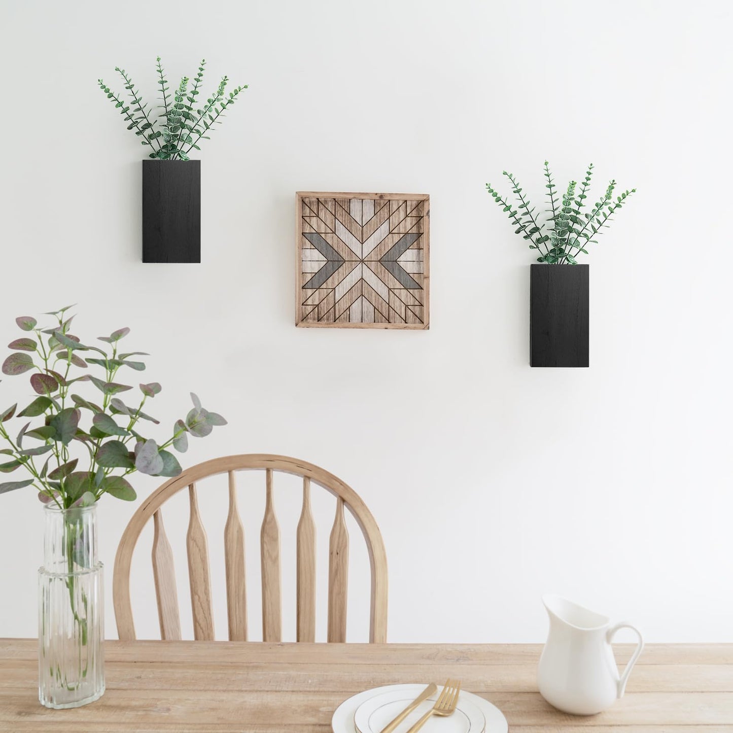 Dahey 2 Pack Wood Wall Planter Vase with Artificial Eucalyptus Farmhouse Wall Hanging Decor Pocket Planter for Indoor Fake Plants Greenery, Living Room Bedroom Kitchen Home Office Decoration, Black