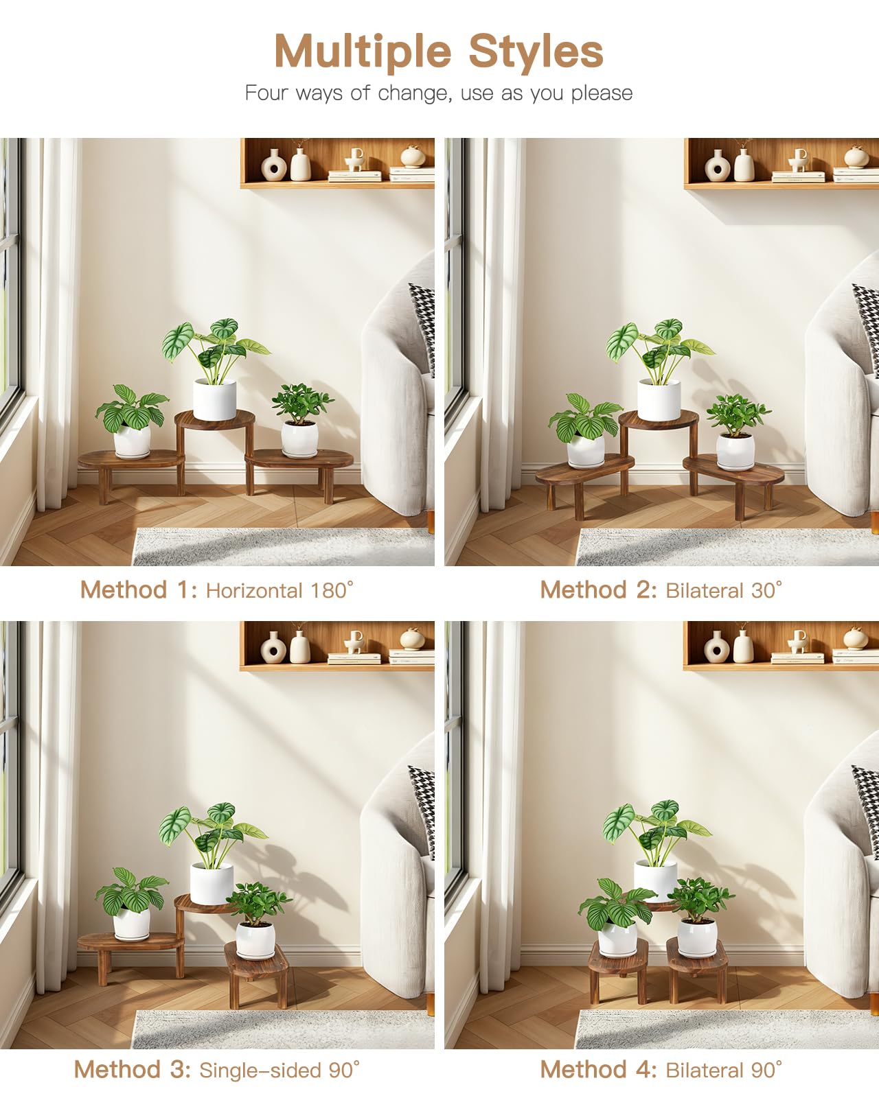 Jotboom 3 Tier Corner Plant Stand Indoor - Adjustable Wood Convex Flower Stand for Small Spaces, Heavy Duty Long Plant Shelf for Living Room Balcony Hallway